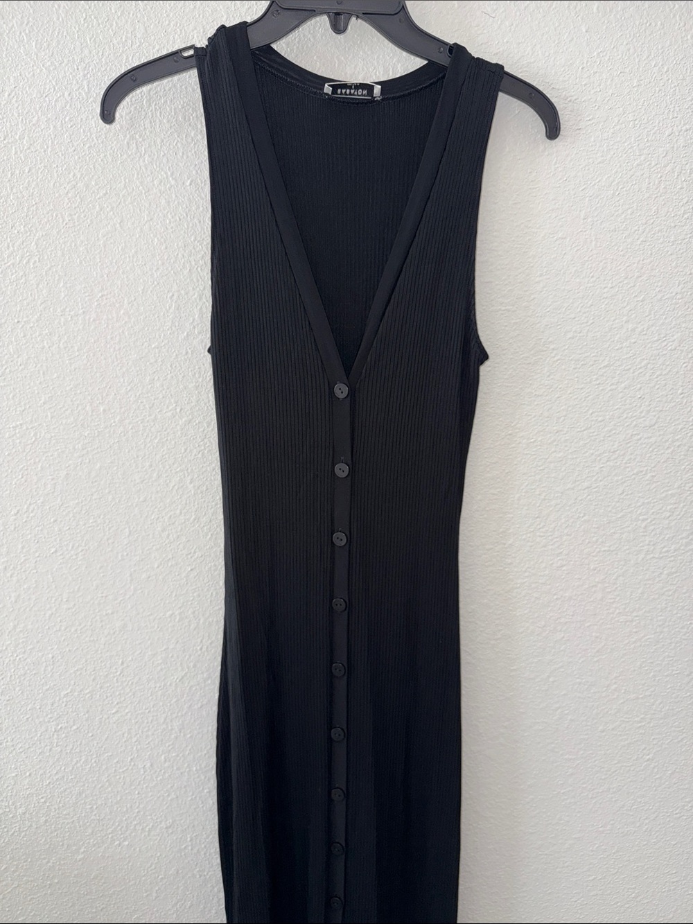 Babaton Black Ribbed Button-Front Midi Dress
